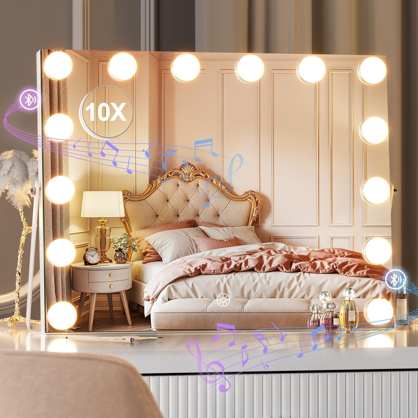MINISO Vanity Mirror with Lights and Bluetooth Speaker- 9.8" x 13.8" Hollywood Makeup Mirror with 3 Color Lights, Smart Touch Control, Rounded Rectangle White Frame
