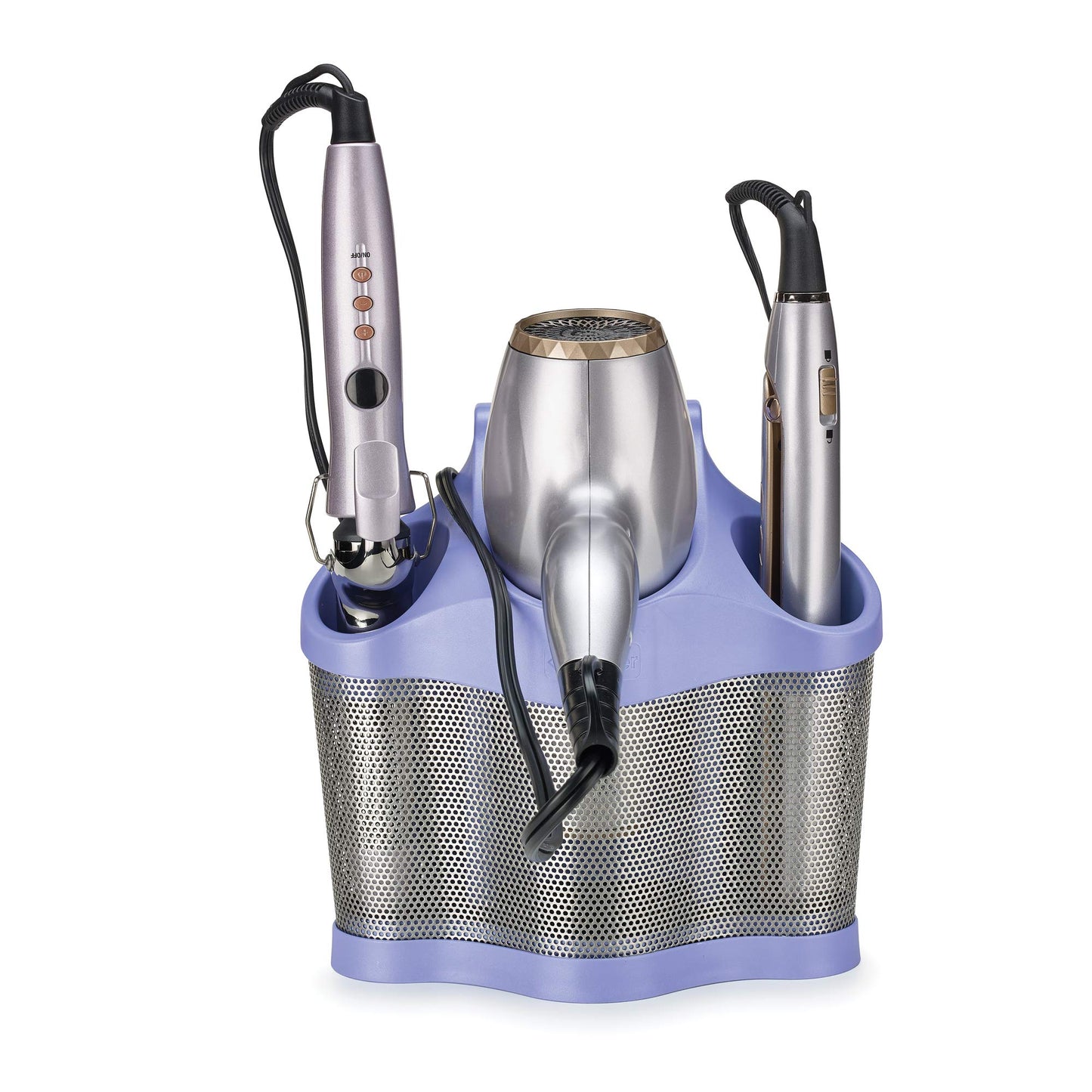 Polder Style Station, Hair Tool Organizer for Hair Dryer, Curling Iron, Hair Straightener, Easy-to-Store Hair Styling Station, Periwinkle and Silver