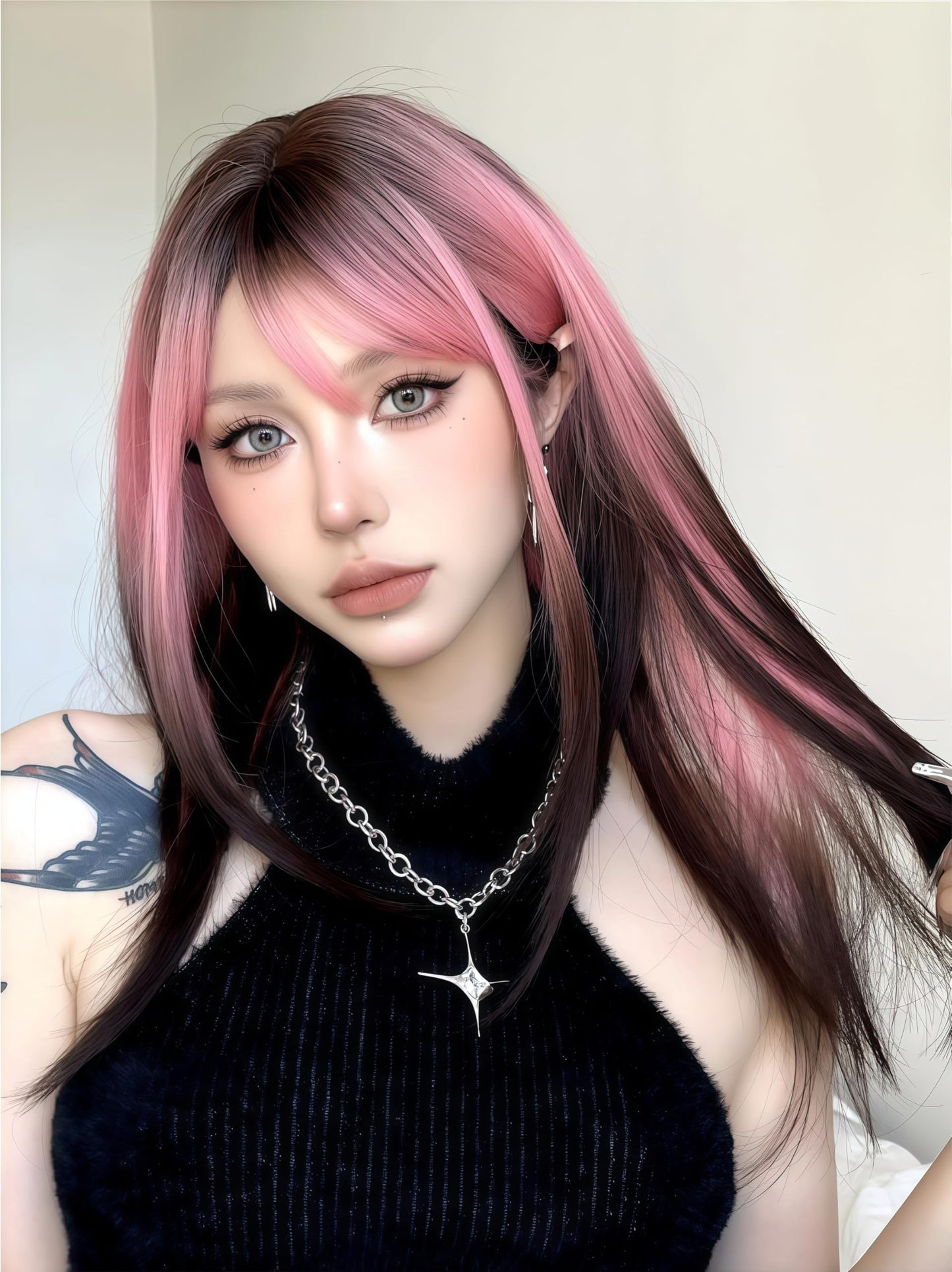 Aadesso Half-Pink Half-Black Long Straight Wig 65cm Blunt Bangs Daily Synthetic Hair for Women East Asian Fashion K-pop Style Two-Tone Heat Resistant wig cap (25.6 Inch)