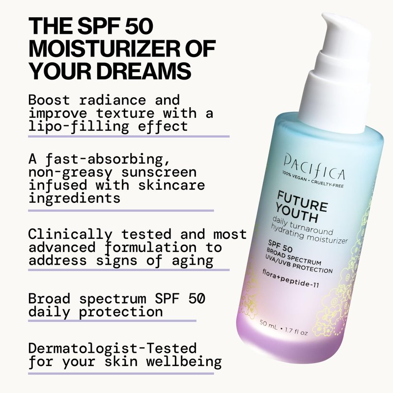 Pacifica Peptide Face Moisturizer Future Youth Daily Turnaround Hydrating, SPF 50 Broad Spectrum, UVA/UVB Sun Protection, Sunscreen, Face Moisturizer, Anti-Aging, Vegan, 1.7 fl oz (1 Count)