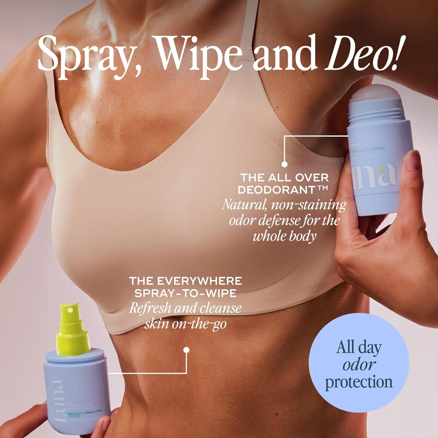 Luna Daily Everywhere Spray-To-Wipe | Hydrating Cooling Body Mist for Feminine Care | Water Lily & Citrus | 80ml
