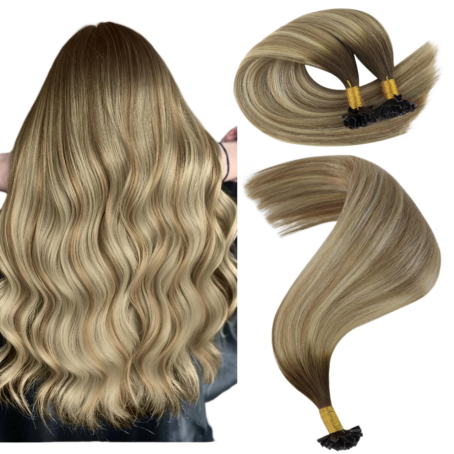 YoungSee Ktip Hair Extensions Human Hair Balayage K Tip Extensions Dark Brown Ombre Brown with Blonde 14 Inch Soft 50s/50g