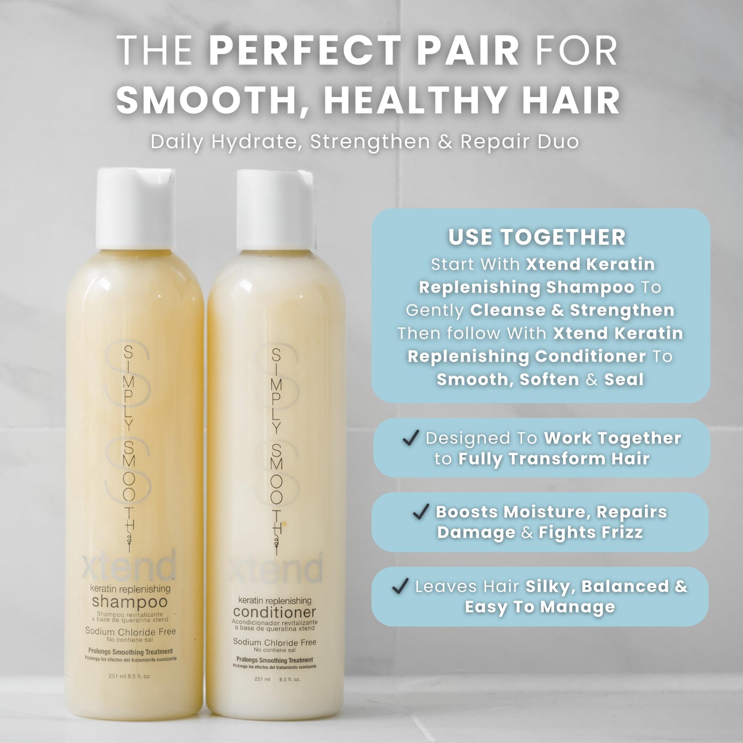 SIMPLY SMOOTH Xtend Keratin Replenishing Shampoo | Sulfate-Free Smoothing & Softening Cleanser | Restore & Strengthen Damaged Hair | Color Safe, pH Balanced, Salon Formula | 8.5 oz