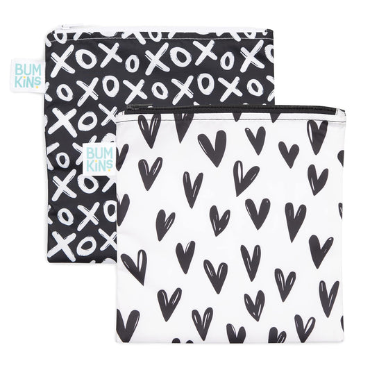 Bumkins Reusable Sandwich and Snack Bags, for Kids School Lunch and for Adults Portion, Washable Fabric, Waterproof Cloth Zip Bag, Travel Pouch, Food-Safe Storage, Large 2-pk Hearts and XOXO