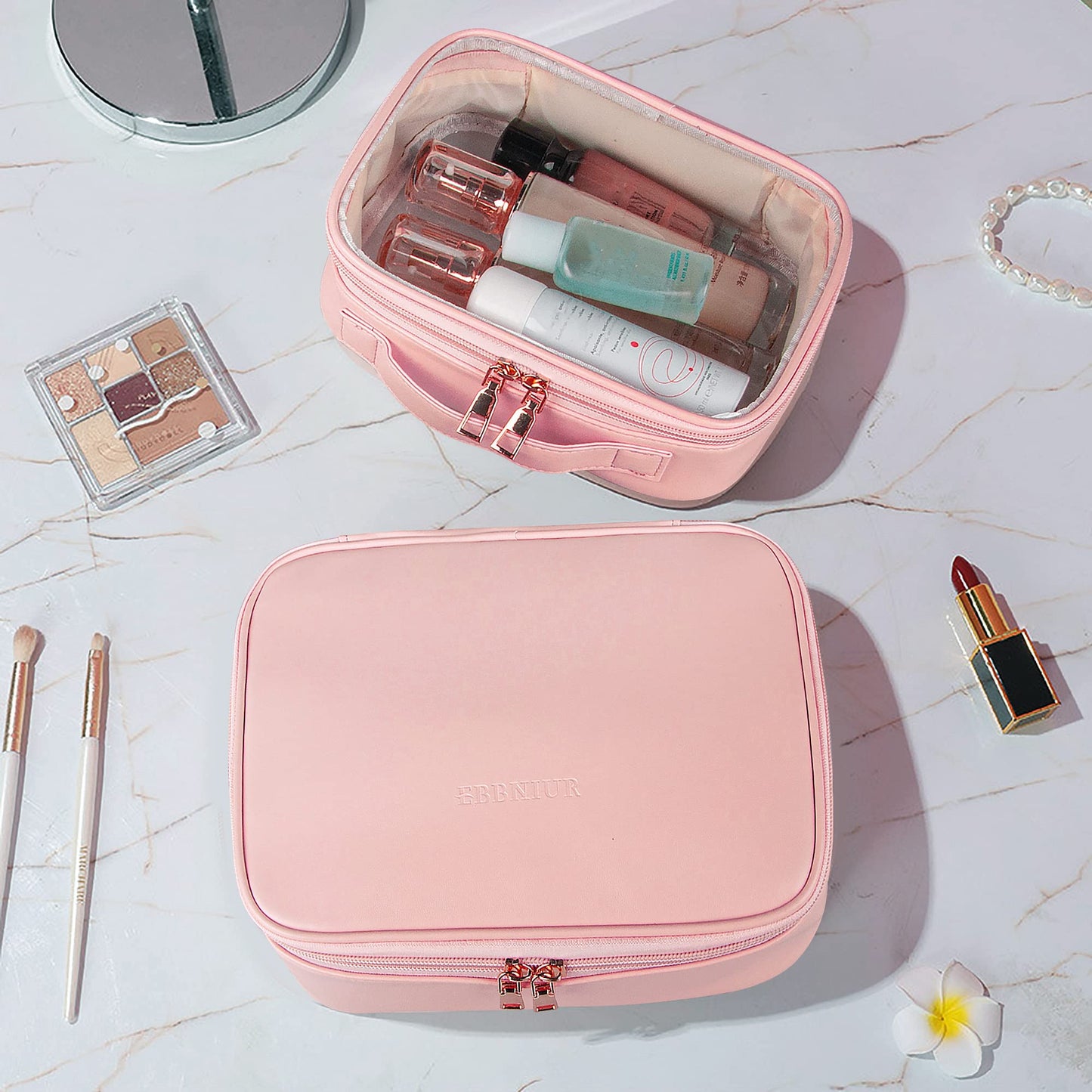 Ebbniur Makeup Bag, 2 PCS PU Leather Cosmetic Bags, Portable Travel Makeup Case, Large Makeup Organizer with Clear Makeup Bag for Women (Pink)