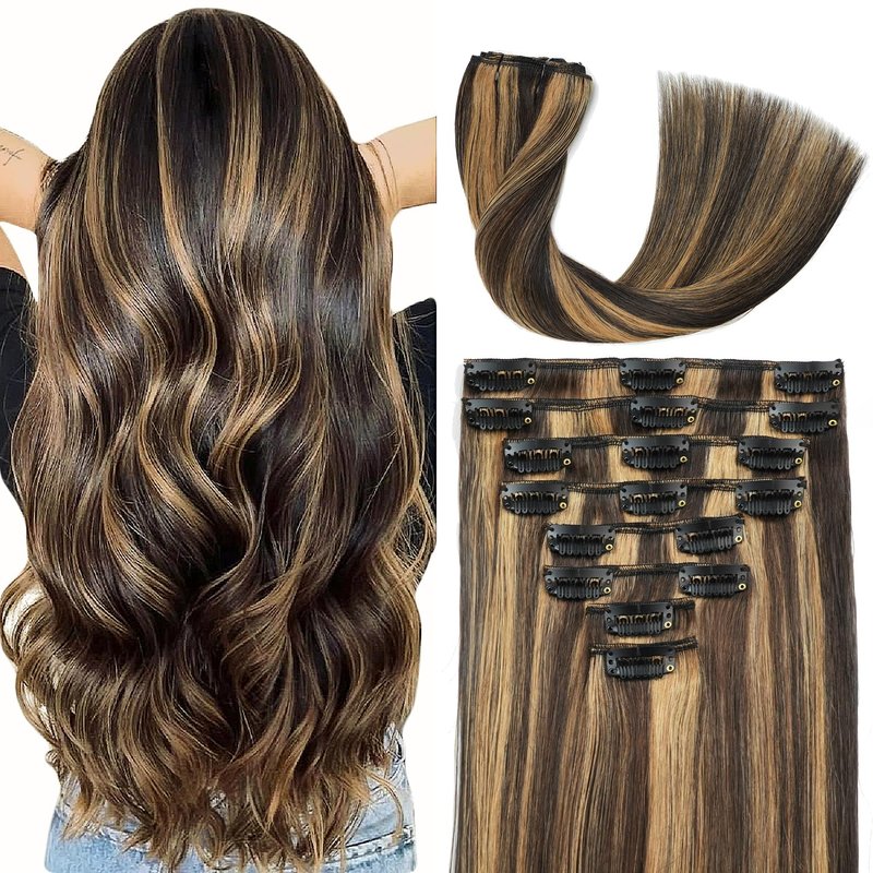 Clip in Hair Extensions Real Human Hair 16inch 8pcs 90g Seamless Balayage Dark Brown Hair Extensions Clip Ins Double Weft Dark Brown Highlight Chestnut Brown Invisible Straight Remy Human Hair