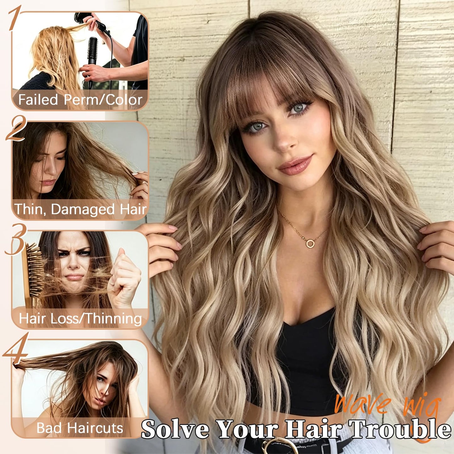 Lativ Blonde Wig With Bangs Long Wavy Curly Ombre Wig with Dark Root Synthetic Heat Resistant Wigs for Women Daily Party Use 26 Inches