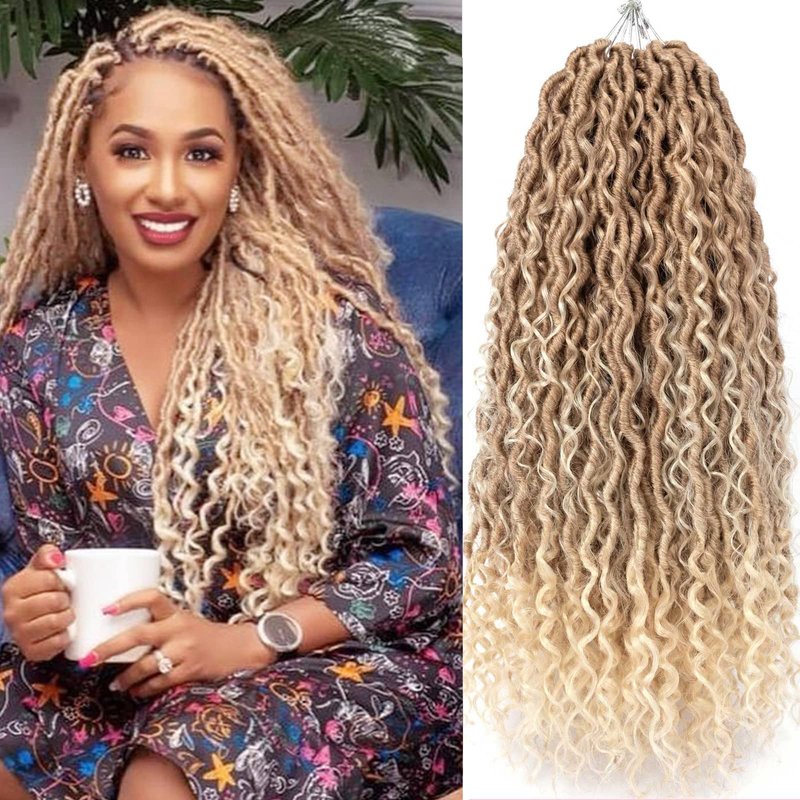 Ahrencan Boho Goddess Locs Crochet Hair 22 Inch, 8 Packs Two Tone Crochet Goddess Locs With Curly Ends,Trendy Faux Locs Crochet Hair For Women Human Hair Crotchet Braids(22in,(pack of 8),T27/613#)