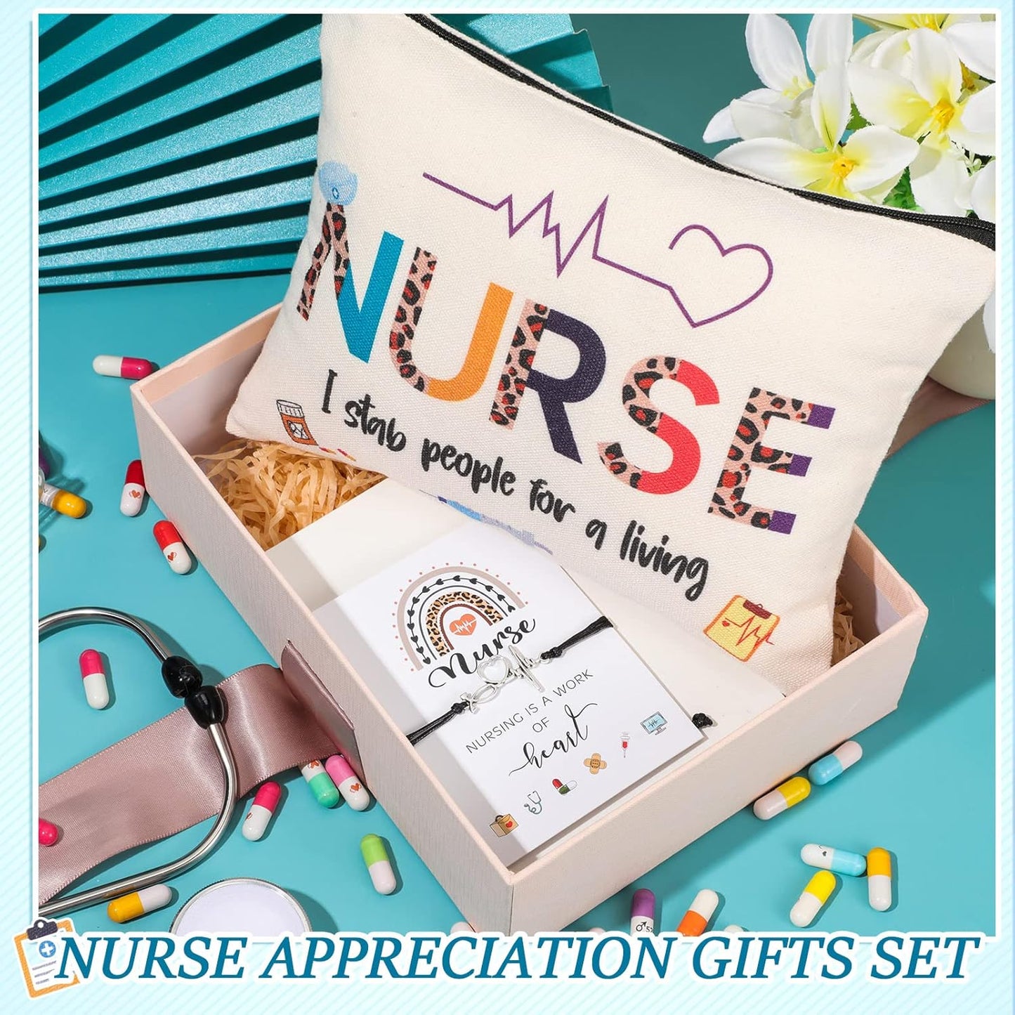 Nurse Appreciation Gift Set - 32 Pcs Canvas Makeup Bags & Blessing Card Bracelets | Perfect for Nurse Week & Christmas