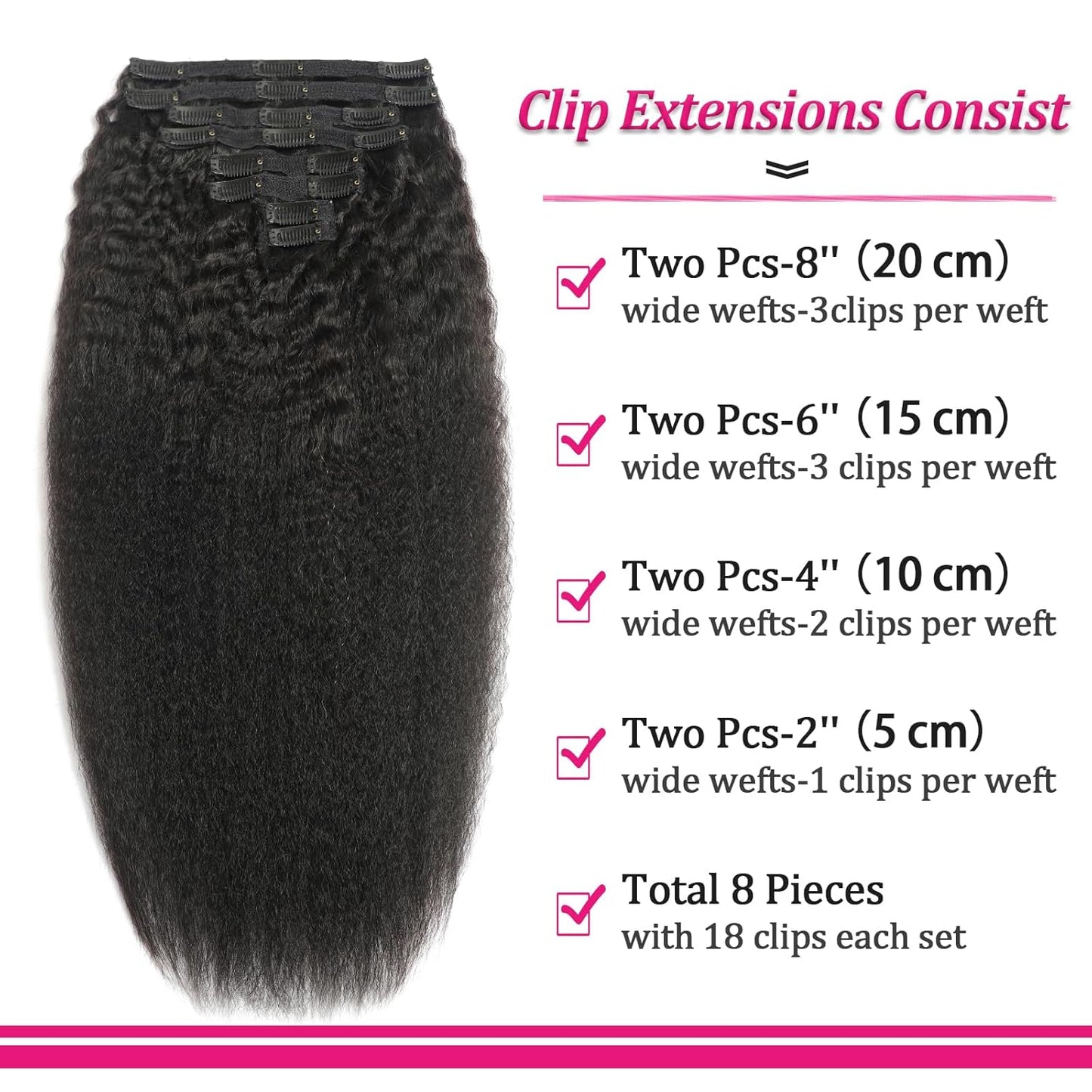 Real Human Hair Clip In Extensions - 20 Inch Kinky Straight, 120g, Full Head, Natural Black