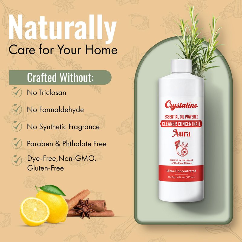 Crystalino Aura Natural Cleaner Concentrate – Inspired by the legend of the Four Thieves Essential Oils, 16oz
