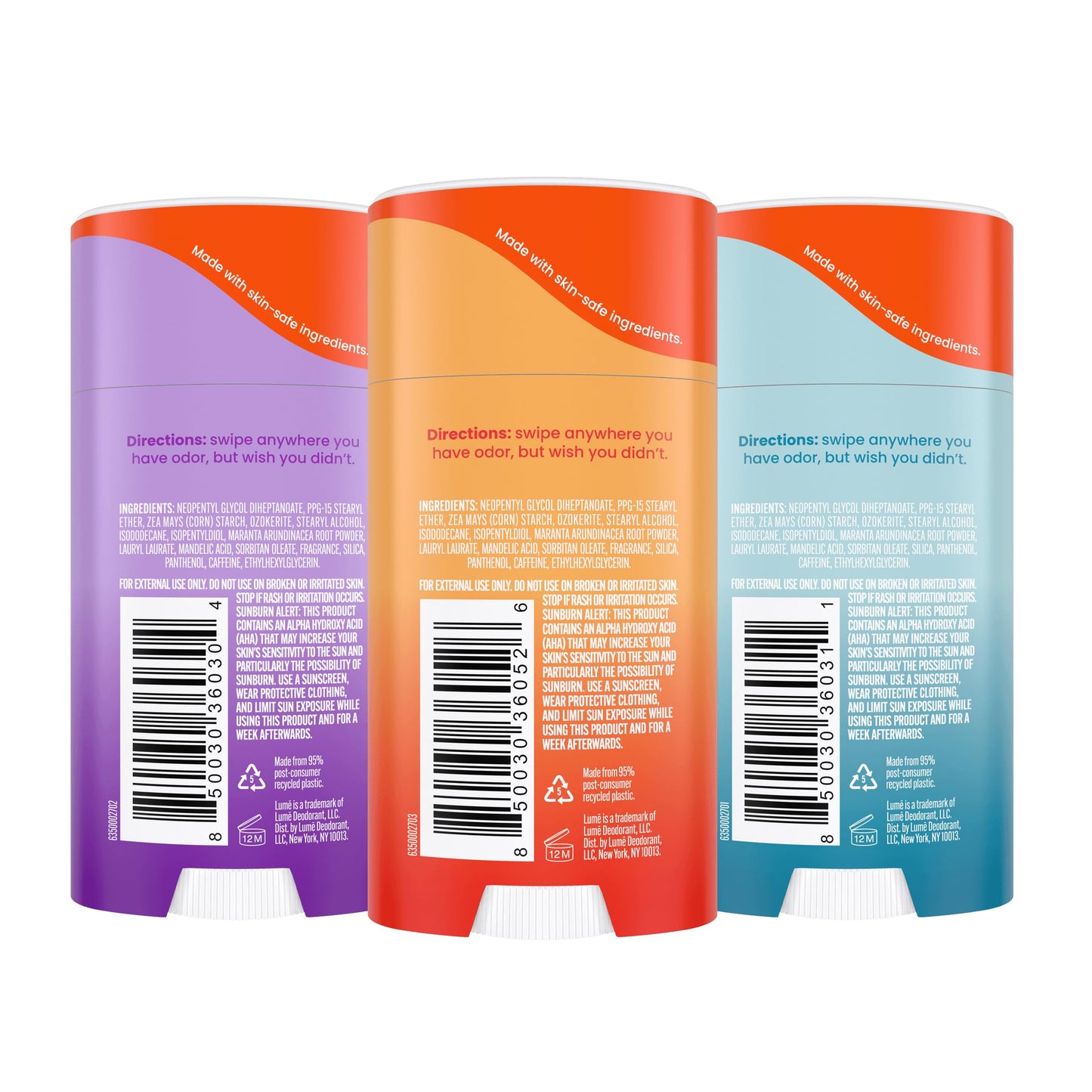 Lume Whole Body Deodorant - Smooth Solid Stick - 72 Hour Odor Control - Aluminum Free, Baking Soda Free and Skin Safe - 2.6 Ounce (Pack of 3) (Clean Tangerine, Lavender Sage, Unscented)