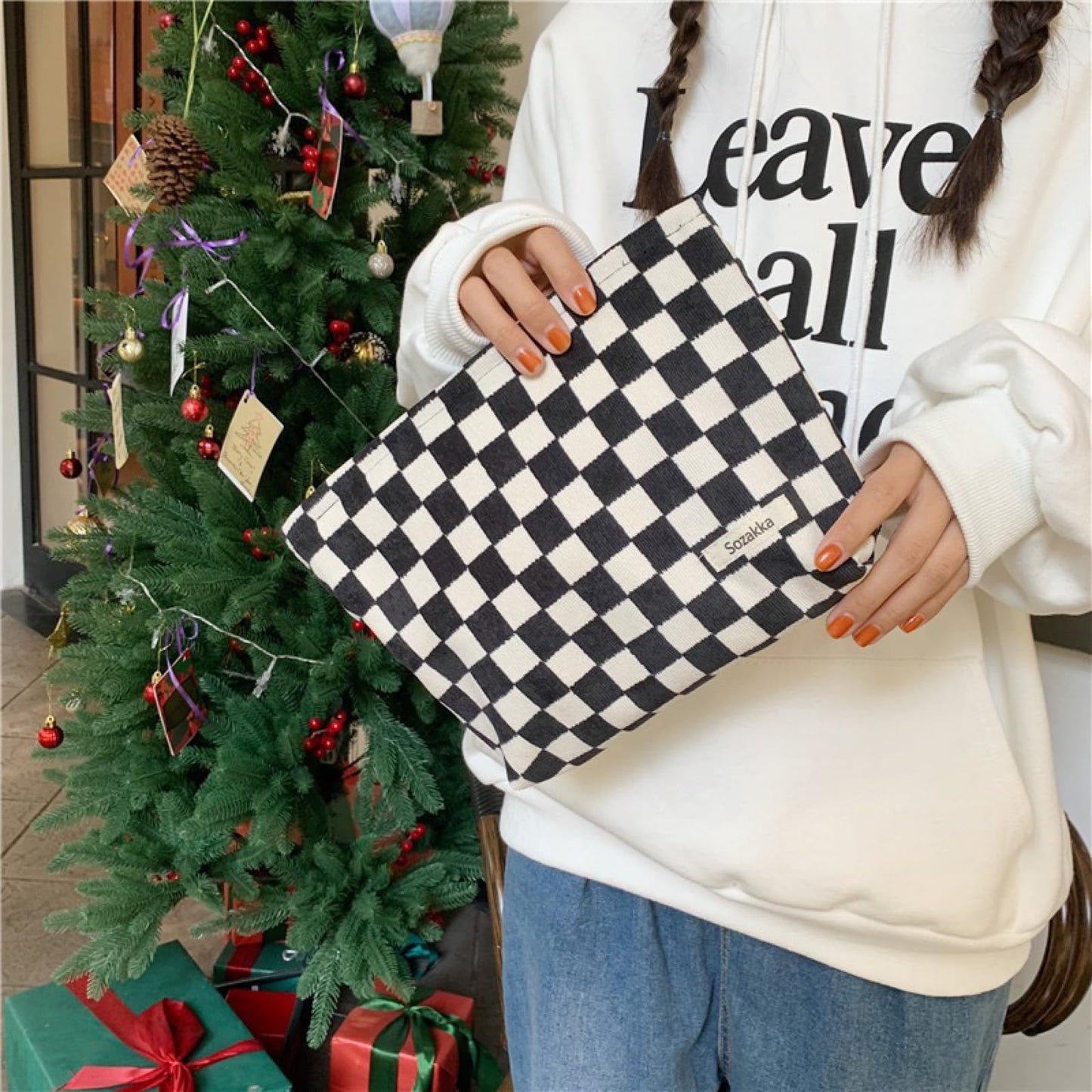 BIVIZKU Travel Checkered Makeup Bag, Corduroy Cosmetic Bag for Purse, Small Cosmetic Zipper Pouch Cute Travel Checkered Makeup Bag Gift for Women,Girls (3 pack)