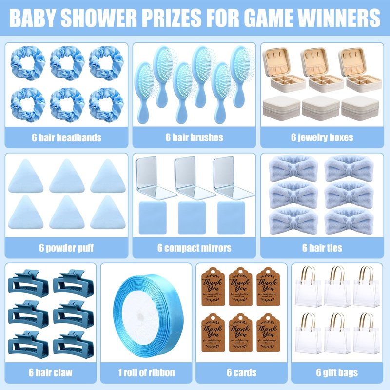 Knitgrip 55pcs Baby Shower Prizes for Winners Gifts Including Headband Hairbrush Jewelry Box Compact Mirror Powder Puff Hair Tie Claw Gift Bag for Game Baby Wedding Bridal Shower(Blue)
