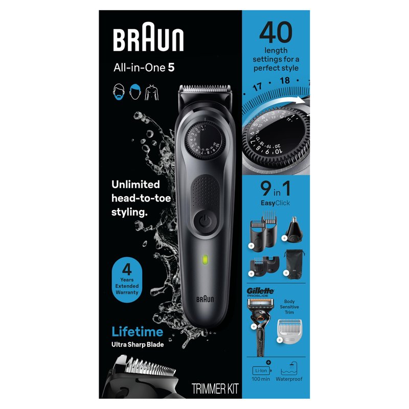 Braun All-in-One Style Kit Series 5 5470, 9-in-1 Trimmer for Men w/Beard Trimmer, Body Trimmer for Manscaping, Gillette Fusion5 ProGlide Razor, 40 Length Settings, Rechargeable Battery, Cordless