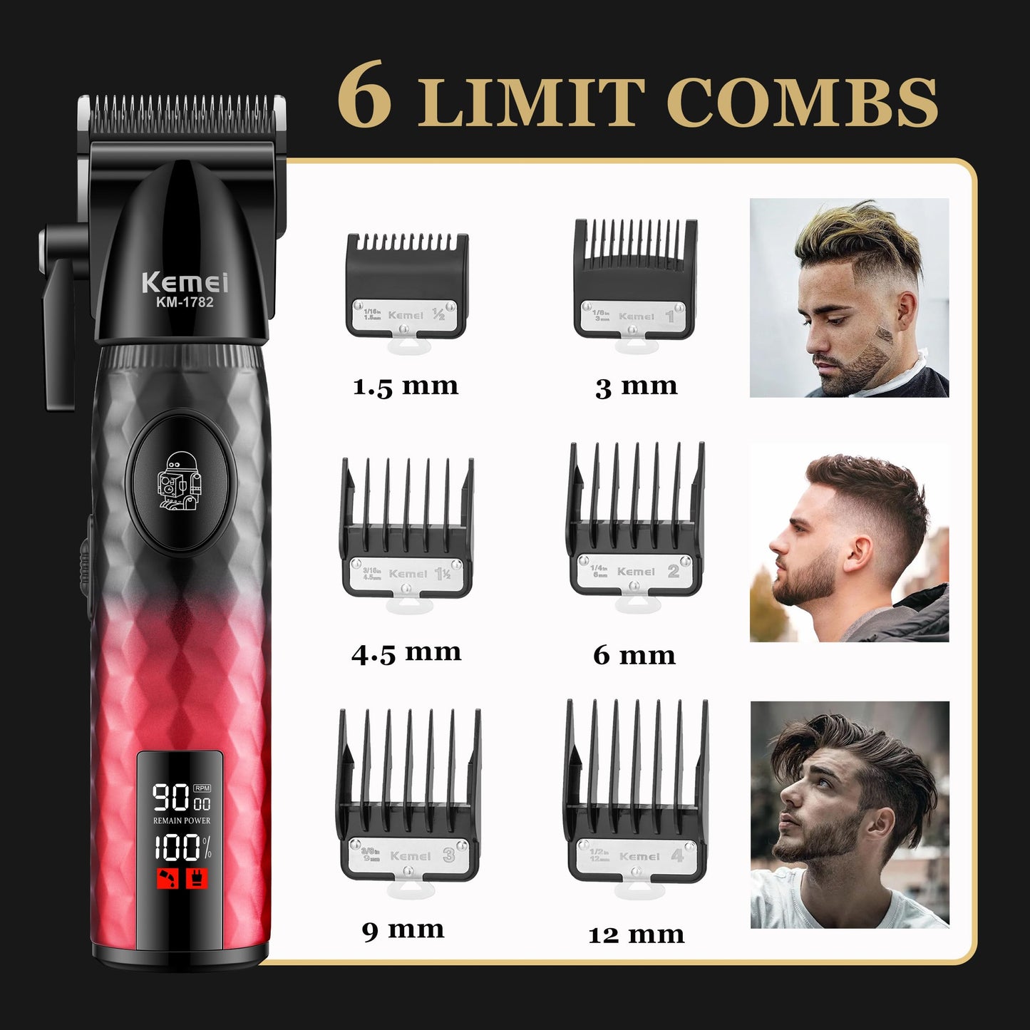 KEMEI 1782 Professional Hair Clippers for Men, Cordless Barber Clippers with LED Display, 9000 RPM Hair Trimmers, 2600 mAh Hair Clipper for Barbers Haircut Kit, Red