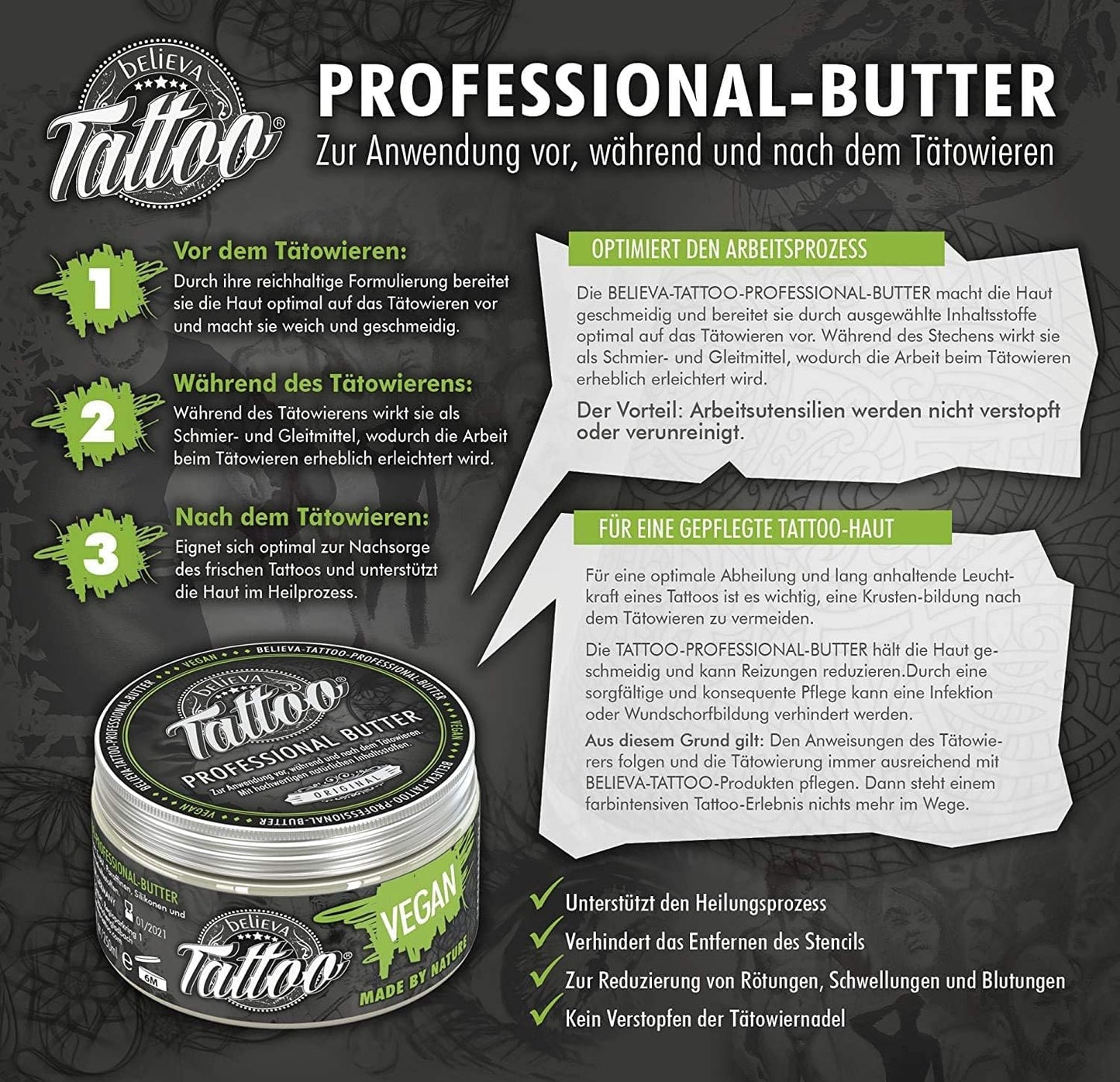 believa Tattoo Aftercare Butter – Vegan Tattoo Care Balm for Moisturized & Nourished Skin – 8.45 oz