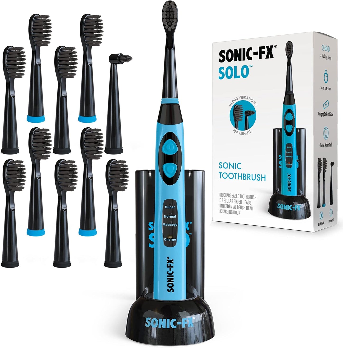 Sonic-FX Solo Electric Toothbrush - 10 Brush Heads, Charcoal Bristles, Rechargeable | Smart Timer, 3 Modes, Blue