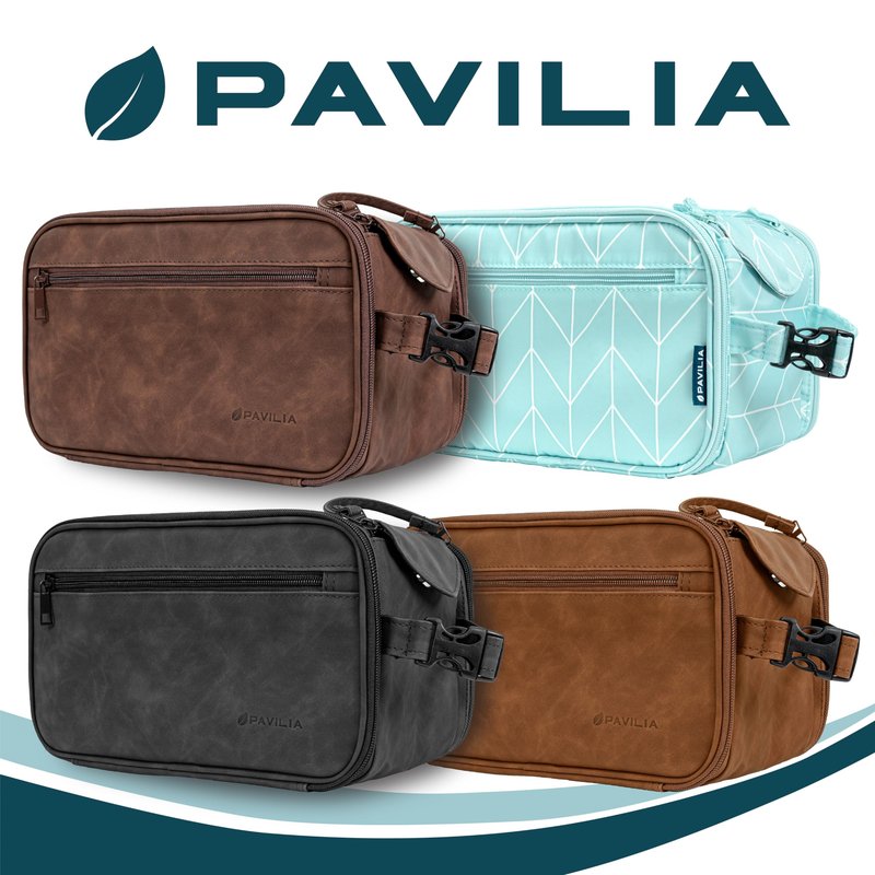PAVILIA Toiletry Bag for Men, Hanging Travel Dopp Kit Organizer, PU Leather Water Resistant Bathroom Bag for Shaving Grooming, Large Capacity Cosmetic Bag Travel Essentials, Dark Brown