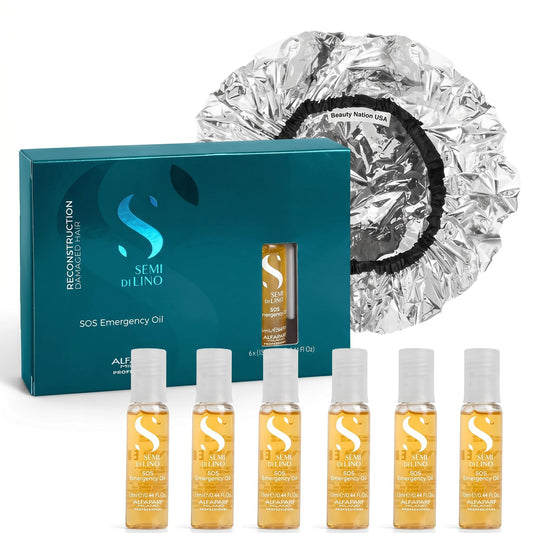 Alfaparf SOS Reconstruction reparative Emergengy oil, treatment for Damaged hair, Hair breakage, Strengthening 6 vials Bundle with Conditioning treatment cap by Beauty Nation