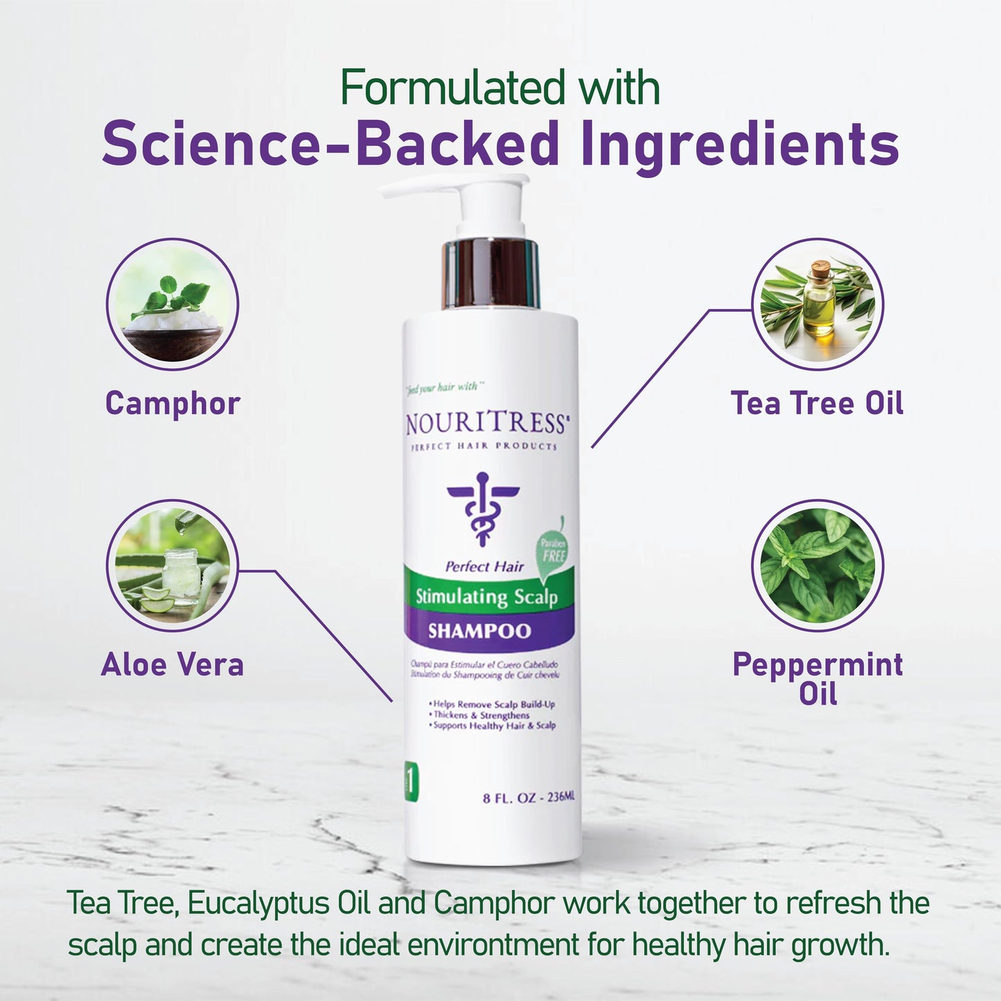 NouriTress Stimulating Scalp Shampoo - Itchy, Dry Scalp Shampoo, Promotes Hair Growth with Camphor, Peppermint & Tea Tree Oil - Deeply Cleanses, Reduces Build-up, Nourishes & Strengthens Hair - 8 oz