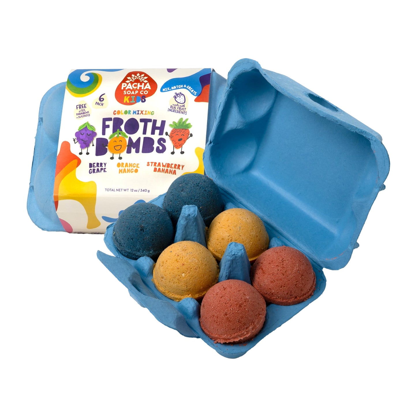 Pacha Soap Co. Kids Color Mixing Bath Bombs, Plant-Based, Made with Fruit, Non-Toxic, Vitamin-Rich Bath Bombs for Kids, Mix & Match Bath Color Tablets, Handcrafted and Made in USA, 2x6 Pks (12 Total)
