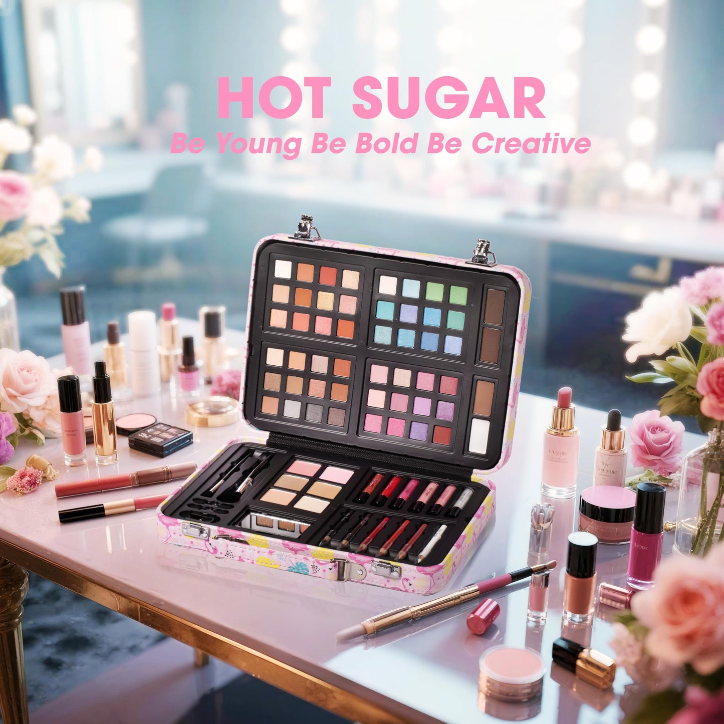 Hot Sugar Makeup Kit for Teenager Girls 13-15, All in One Beginner Makeup Kit for Women Full Kit, Teen Cosmetic Gift Set for Birthday Christmas (Flamingo)