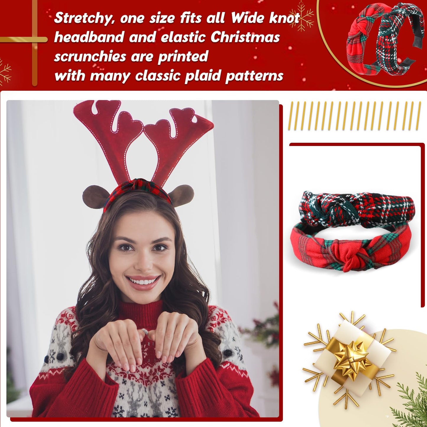 Yilloog 12 Pcs Christmas Knotted Retro Hair Band Snowflake Buffalo Plaid Headband Green Red for Women Wide Accessories Holiday Hoop Hairband for Yoga Run Work