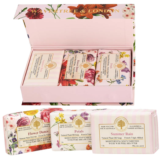 Wavertree & London Natural Soap Bars Gift Pack (7 oz Bars), Long-Lasting Premium Floral Scented Bath & Body Soap, Enriched with Organic Shea Butter & Natural Plant Oils, Ideal Gift Set (Pack of 3)