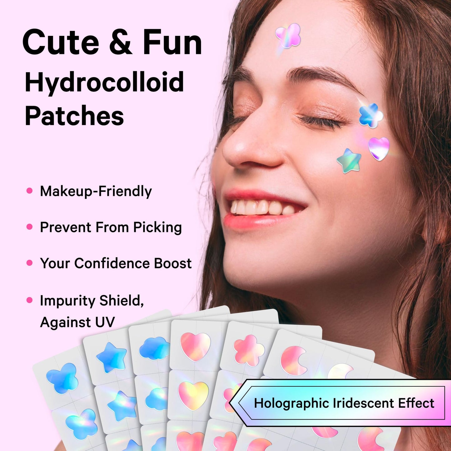Sosky Hologram Pimple Patches for Face, Hydrocolloid Acne Patches with Salicylic Acid, Cute Star Zit Stickers,Colorful Blemish Covers,144 Count Pink Star Heart Moon Cloud Butterfly Flower