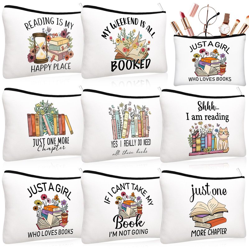 Cosblank 8 Pcs Book Club Gifts Book Lovers Makeup Bag Gifts for Women Cosmetic Bag with Zipper Pouch for Teen Adult Women Lovers Librarian Bookish Club Gifts(Book,Flower)