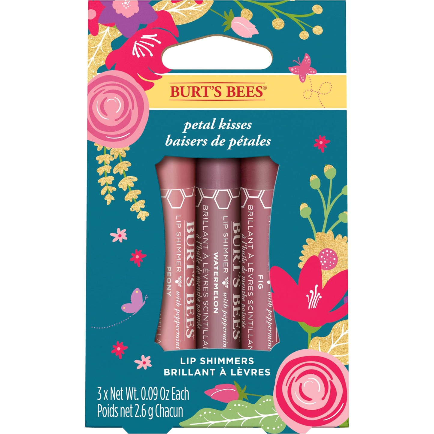 Burt's Bees Kissable Color Spring Gift Set, Petal Kisses, 3 Lip Shimmers in Peony, Fig and Watermelon