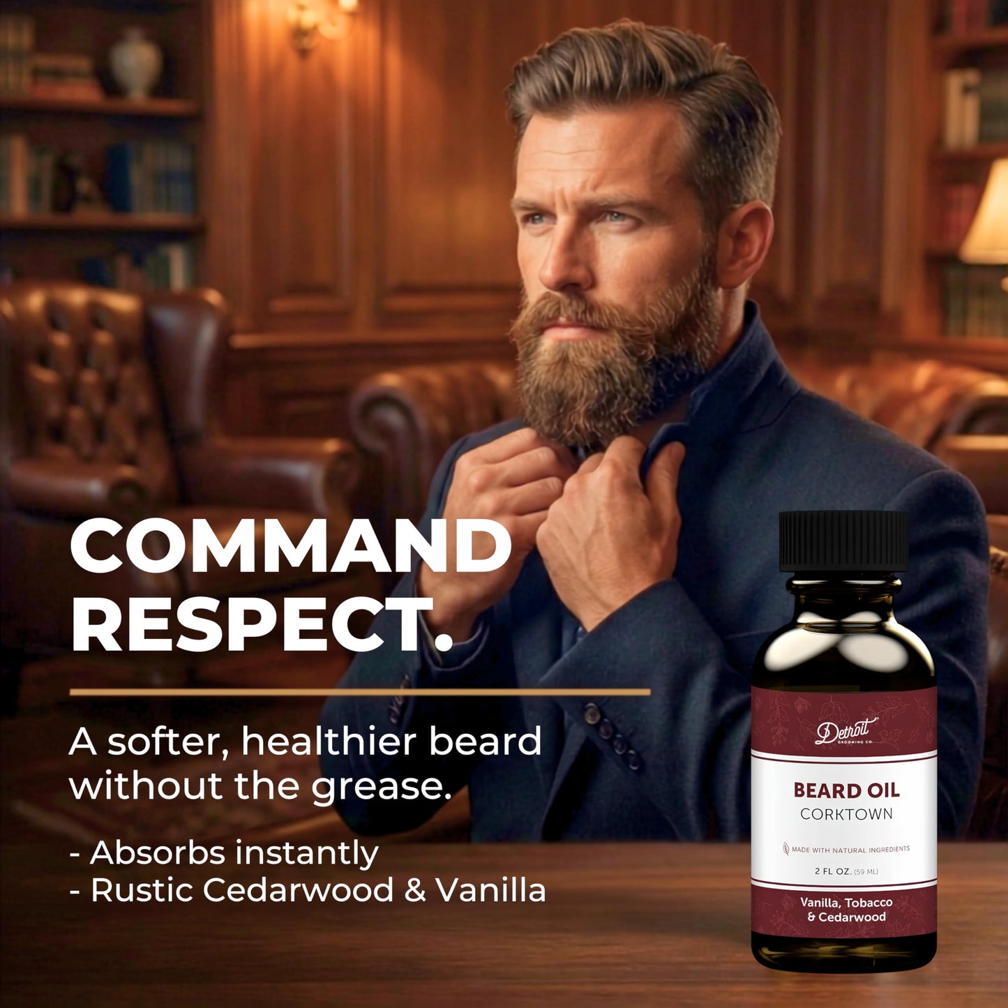 Detroit Grooming Co. Beard Oil (2oz) - Sweet Vanilla & Tobacco - Premium Nourishing Formula with Sweet Almond Oil & Vitamin E - Men's Beard Softener & Moisturizer - Double Size