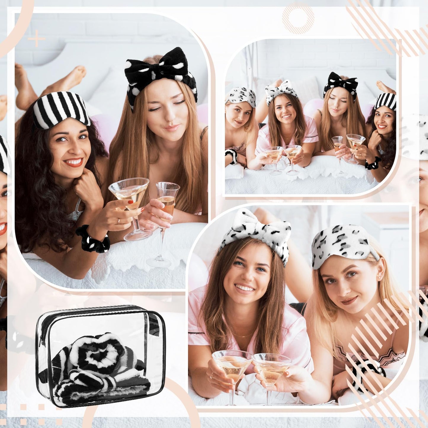 Kajaia 48 Pcs Spa Party Supplies for Girls Spa Party Favor Sleepover Slumber Supplies for Women Headband Eye Mask Hair Scrunchies Toiletry Bag(Black,Laser)