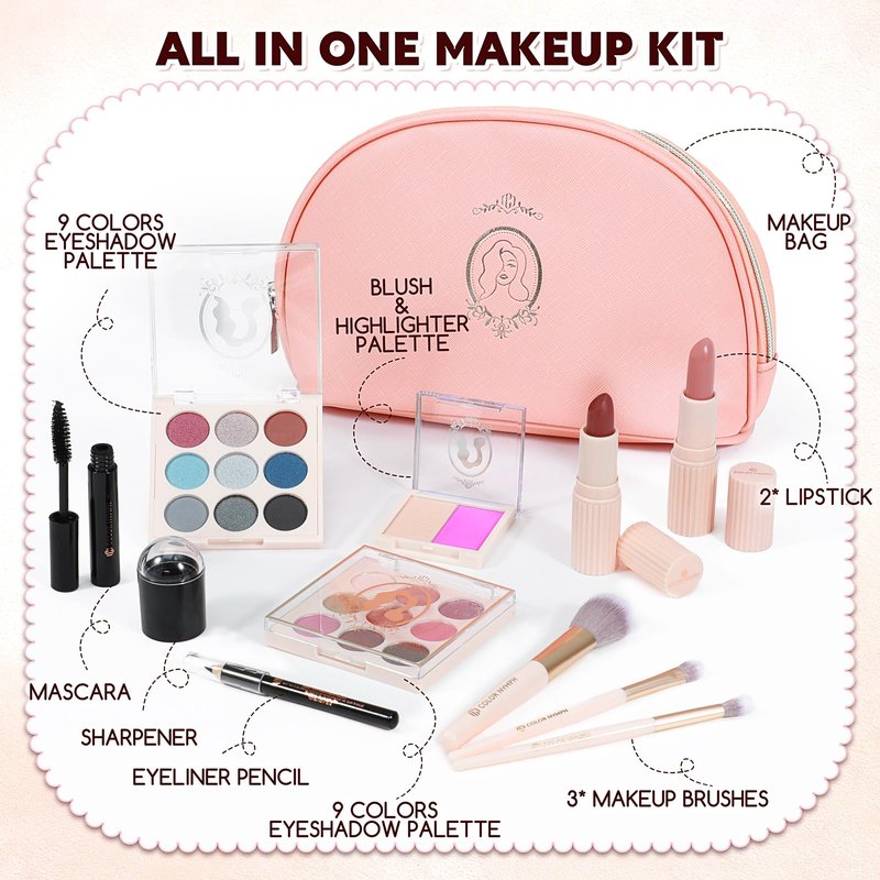 Color Nymph All In One Makeup Kit for Teen Girls Beginner, Makeup Gift Set with Eyeshadow Palette Blush Lipstick Lip Pencil Eye Pencil Brush Mascara Portable Bag - Pink