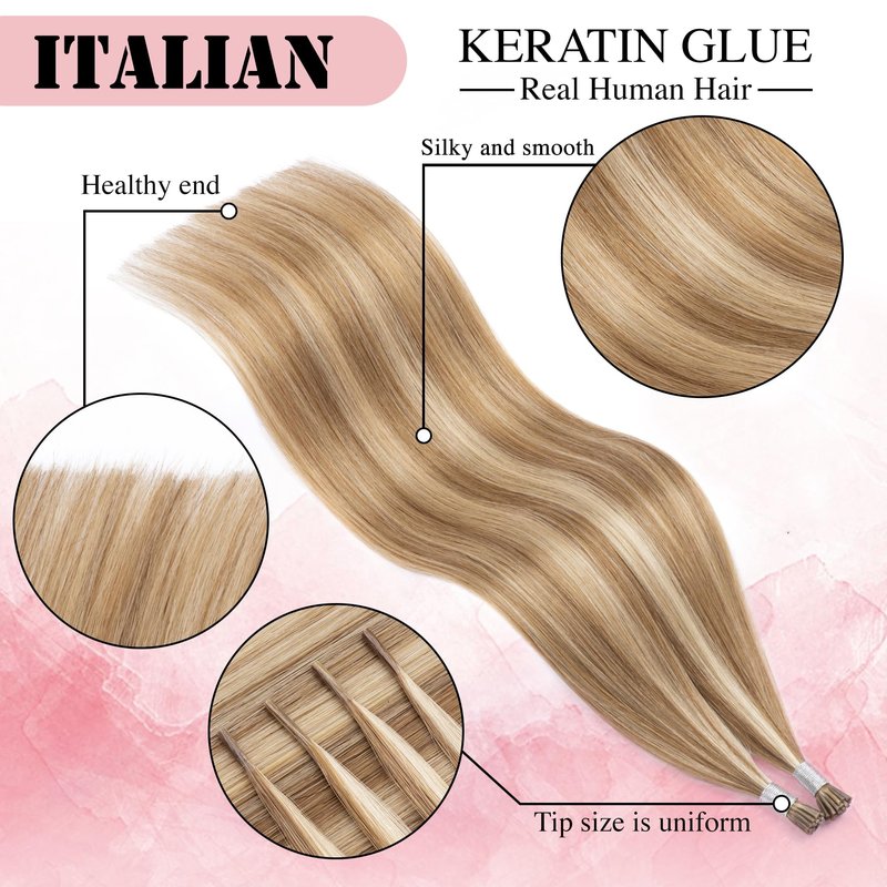 Blonde I Tip Hair Extensions 14inch Camel Brown mix with Blonde I Tip Extensions Human Hair 45g Remy Itip Human Hair Extensions Blond Human Hair Itip Extensions For Girl