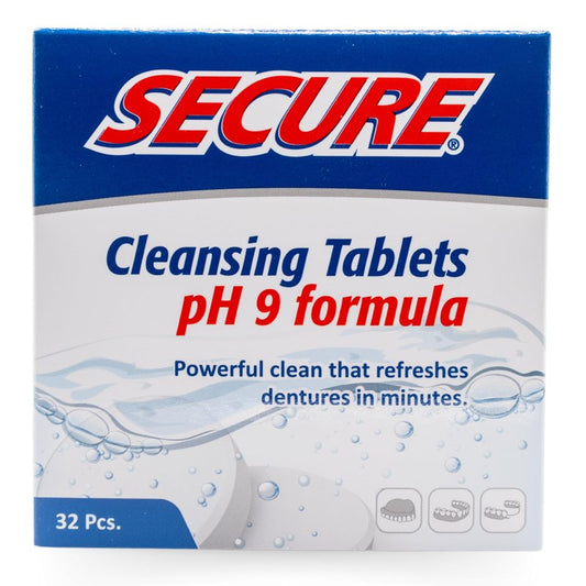 Secure Daily Cleansing Tablets - pH 9 Formula Thoroughly Cleans Dentures - Fights Odors, Stains & Germs - For Dentures, Nightguards, Retainers & Partials - 32 Tablets (3 Pack)