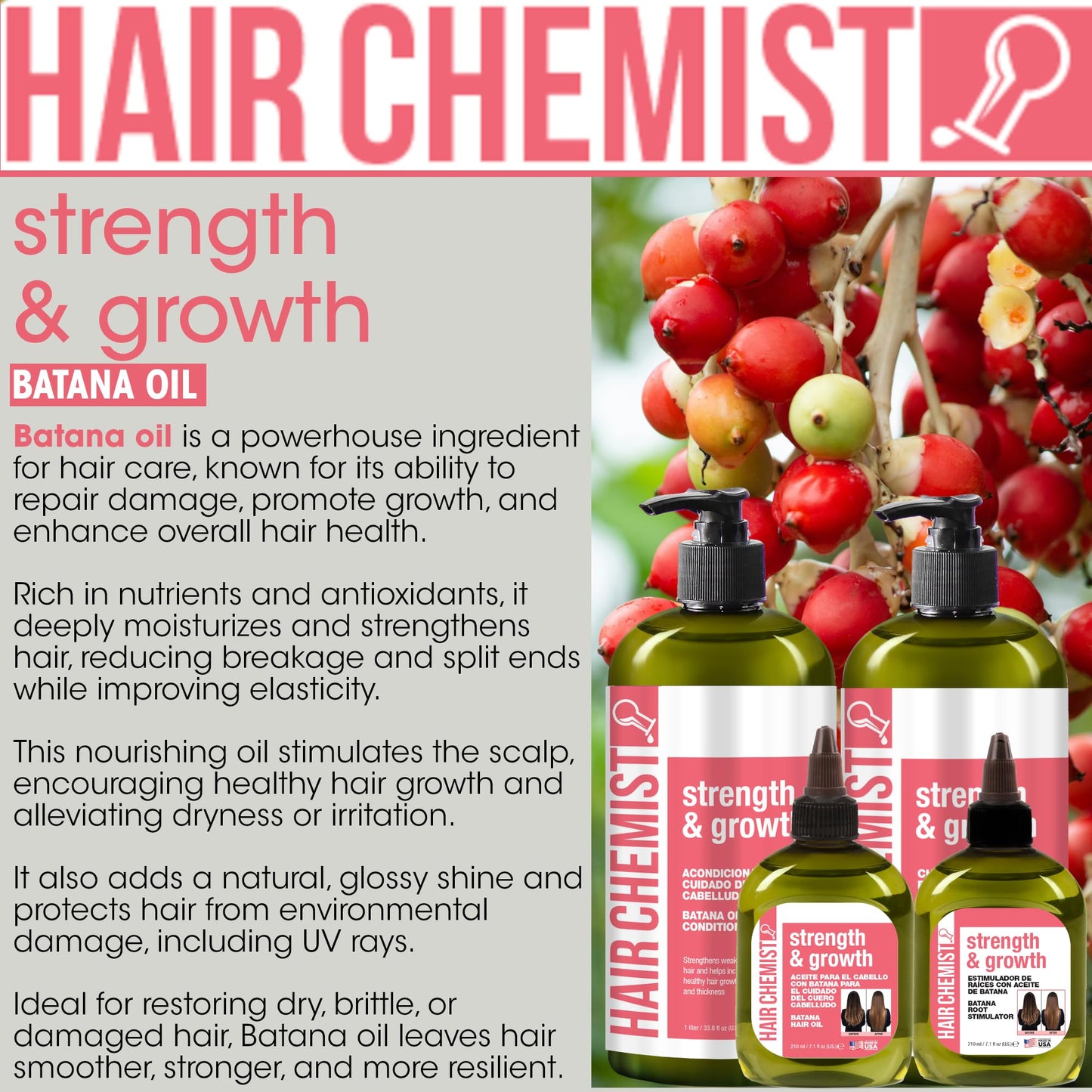 Hair Chemist Strength & Growth Batana Oil Shampoo and Conditioner Set 33.8 oz. (2-PC Set) - Batana Shampoo and Conditioner for Hair Growth, Thickening and Strength