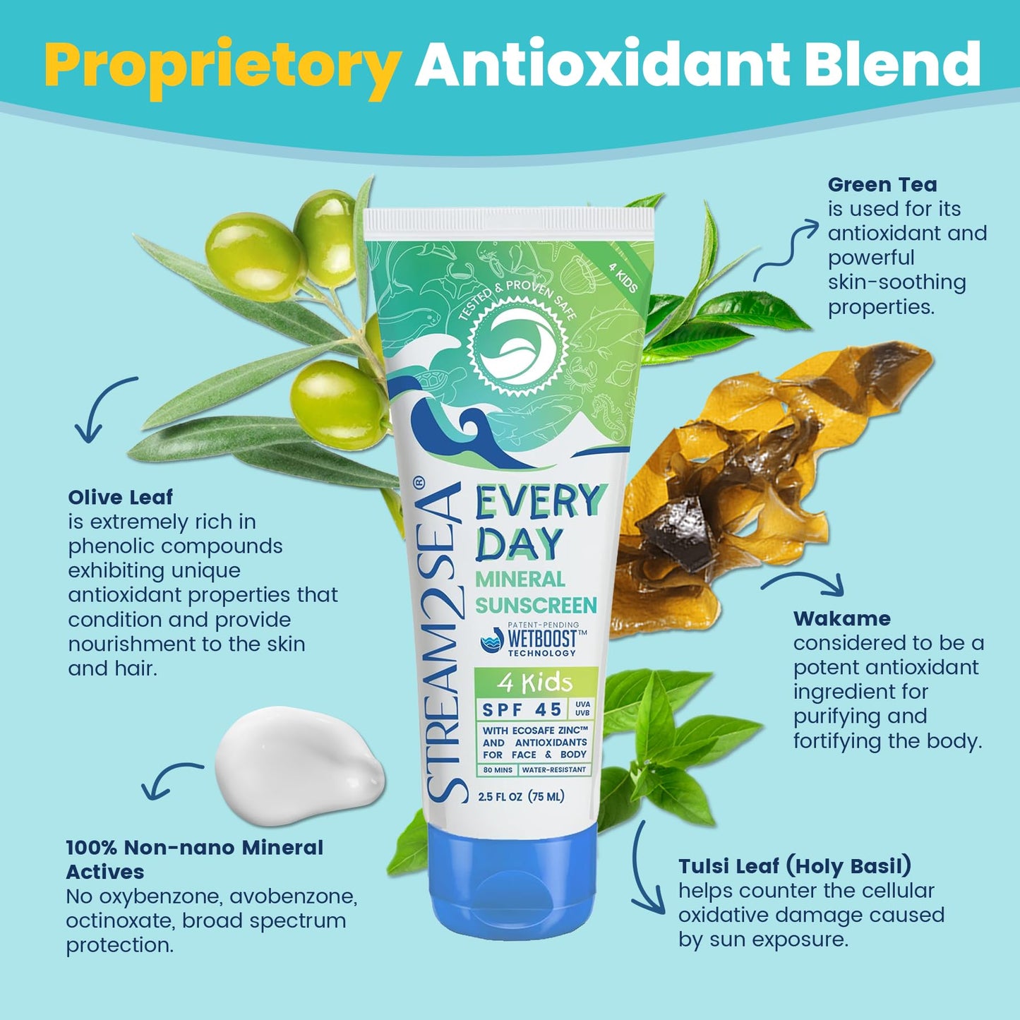 STREAM 2 SEA Every Day Kids Mineral Sunscreen SPF 45 Broad Spectrum — Gentle for Baby | Reef Safe, Biodegradable, EWG Verified | Zinc Oxide, Chamomile & Calendula | Water Resistant 80 Min 2.5 Fl Oz