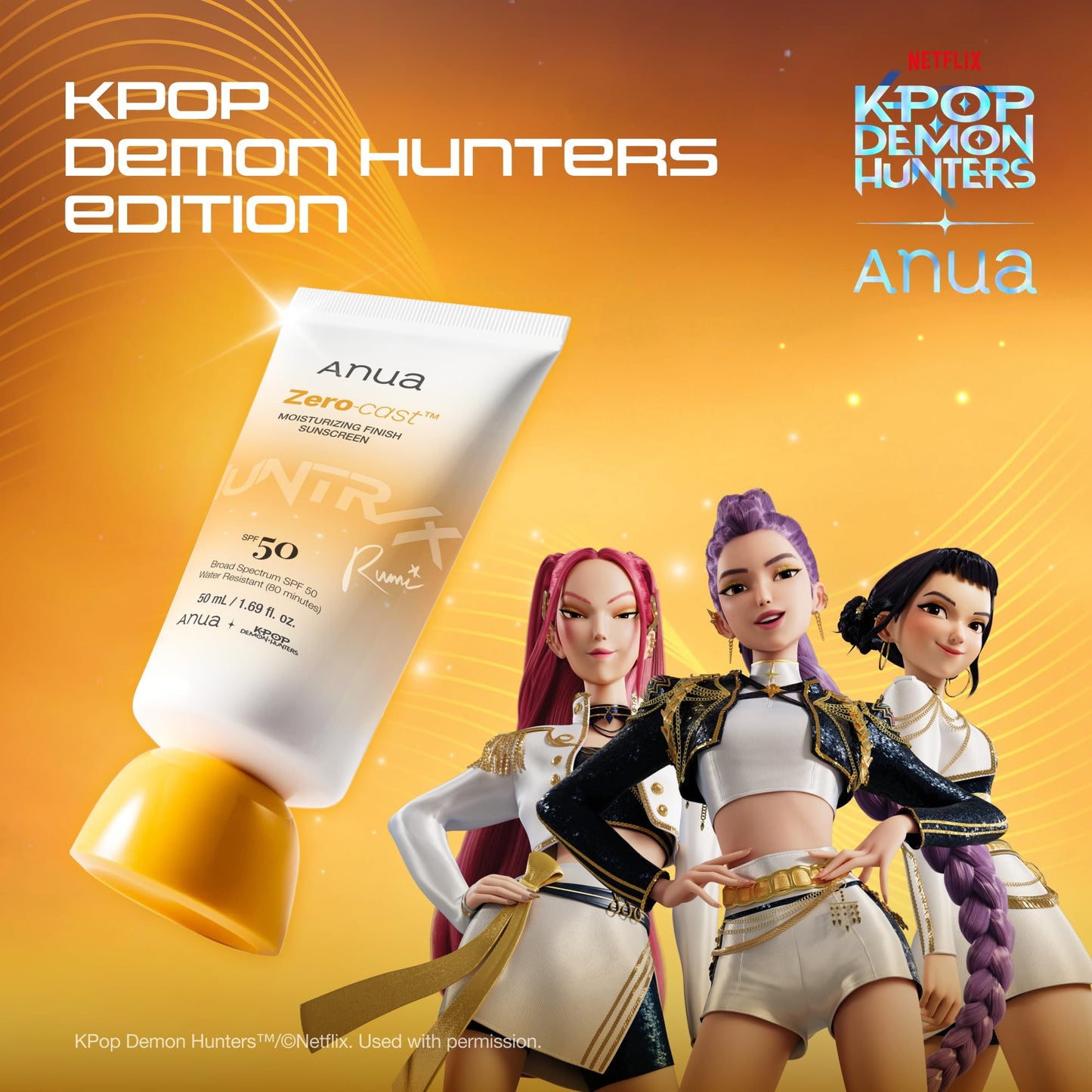Anua, Zero-Cast Moisturizing Sunscreen SPF 50, Glow Natural Sunscreen for face, No White Cast, Hyaluronic Acid, Niacinamide, Oil-Free, KPop Demon Hunters, Korean Skincare, 1.69 fl oz