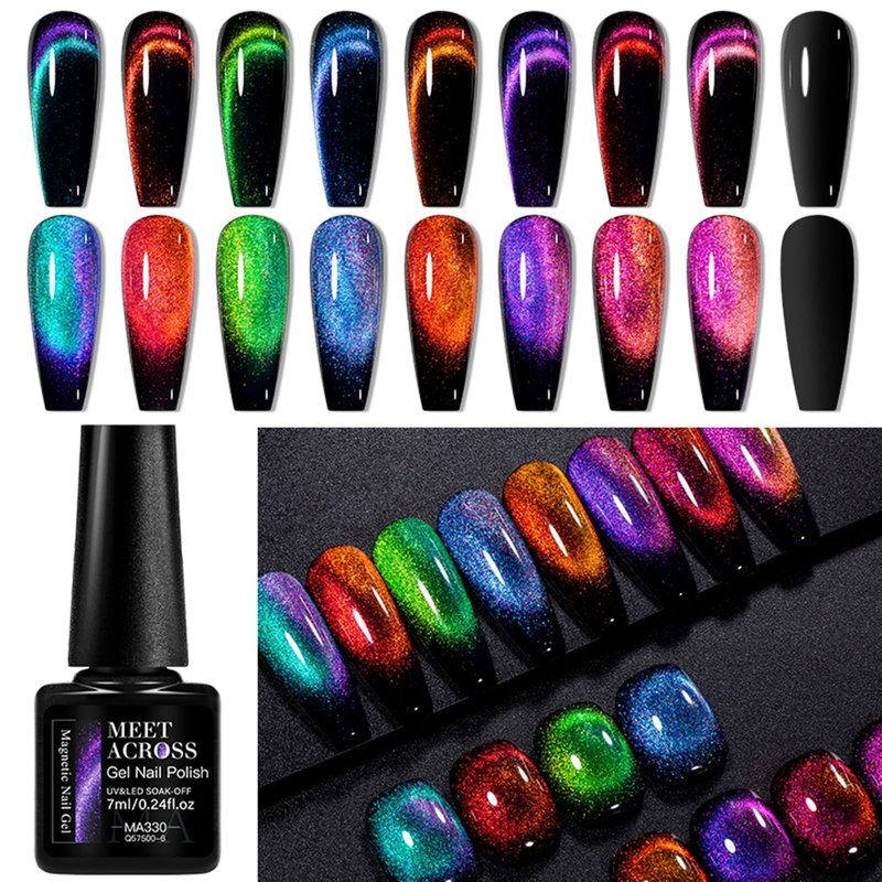 MEET ACROSS 12D Cat Eye Gel Nail Polish Set, Colorful Holographic Cat Eye Glitter Gel Polish Blue Purple Green Nail Gel Polish Kit with Base Top Coat and Magnet Soak Off Nail Art Gel DIY Salon Gift