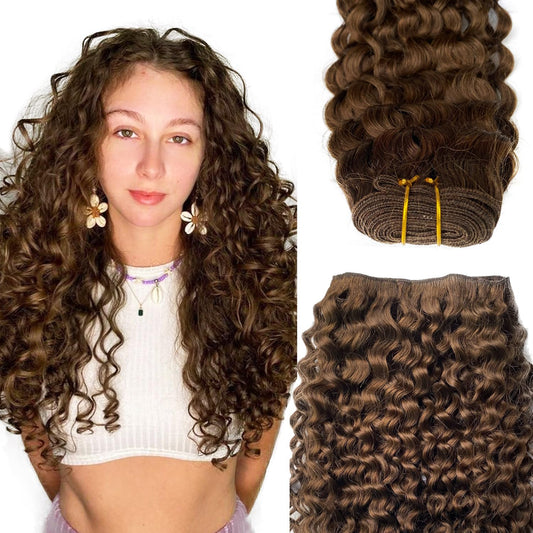 Sew in Hair Extensions Real Human Hair, Hand Tied Human Hair Weft Extensions 14 Inch Chocolate Brown Double Weft Full Head Curly Human Hair Weaves Bundles 80G Hair Wefts Weave Hair Extensions