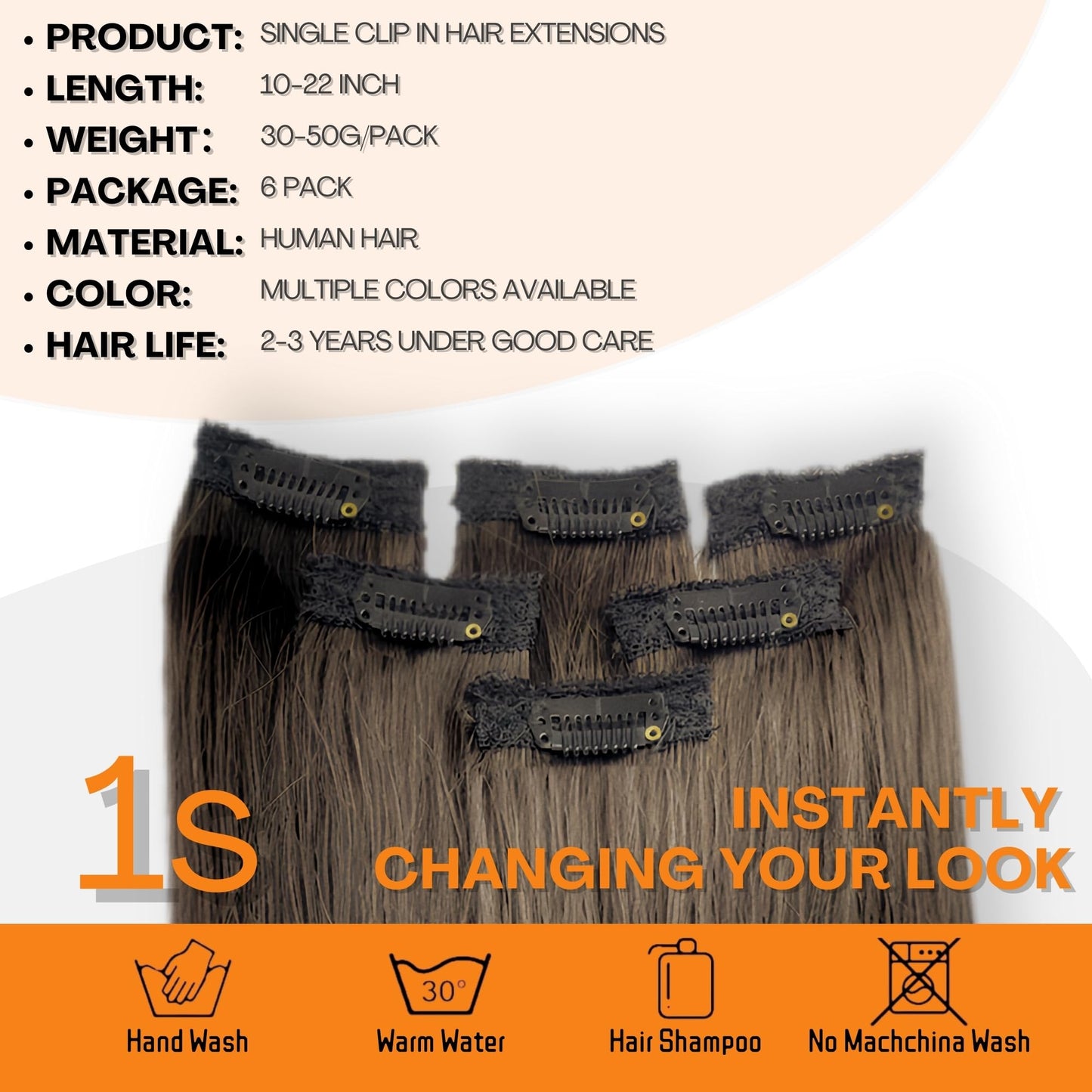 Human Hair Clip In Extensions, Single Clip Ins Short Hair Extensions, Remy Balayage Highlight Hairpieces for Women 6 Pcs 16 Inch 40g Dark Brown