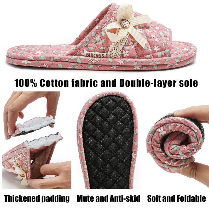 3 Pairs Floral Cotton House Slippers for Women, Open Toe Indoor Slippers Comfortable Washable Portable Foldable Guest Travel Hotel Airplane Spa Slippers (Light Floral, 9-10.5, Adult, Women, 9, Numeric Range, US Footwear Size System, 10.5, Medium)