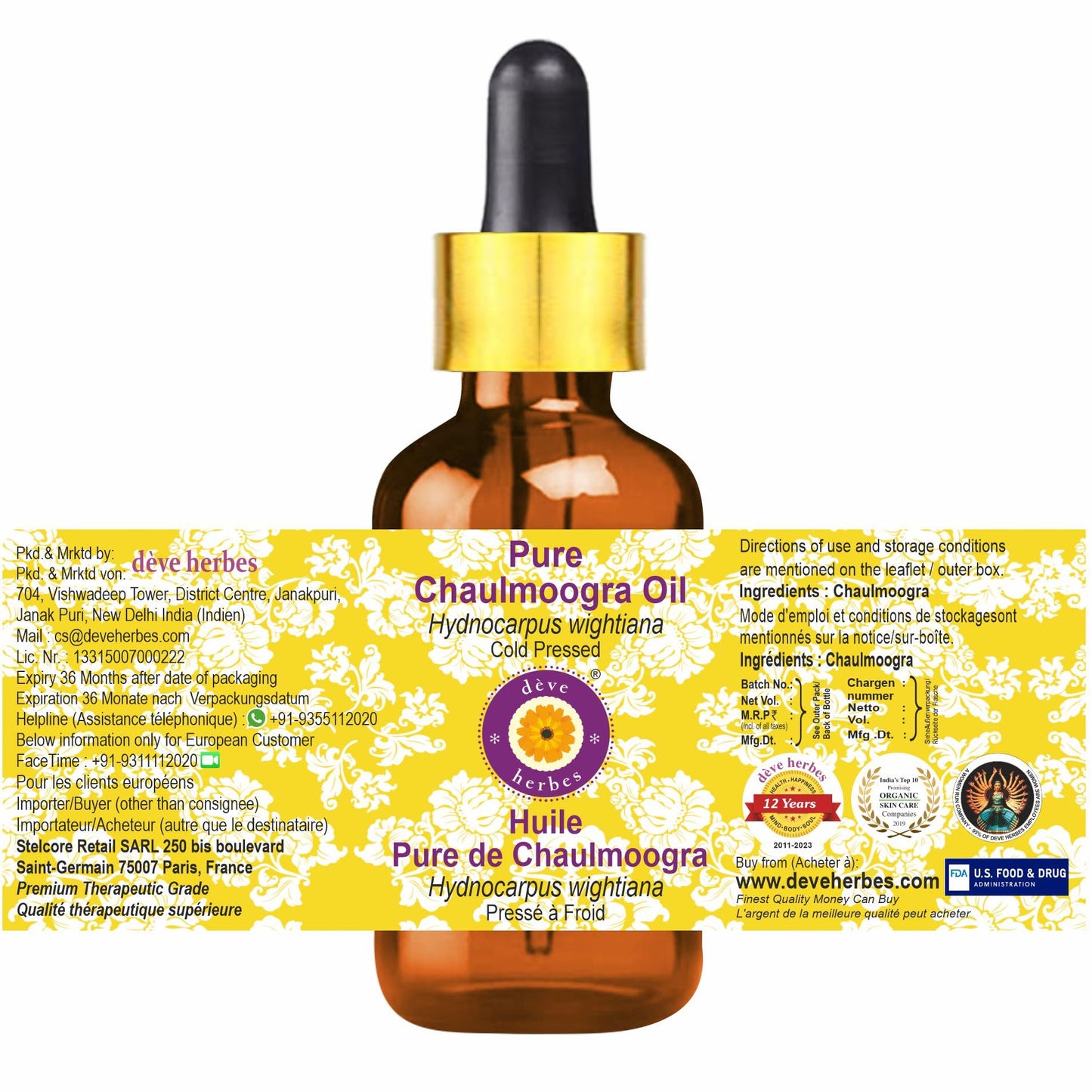 dève herbes Chaulmoogra Oil (Hydnocarpus wightiana) with Glass Dropper | Cold Pressed | Pure | For Diluting Essential oils | Skin & Massage | Non-Sticky | Lightweight | Unisex | 100ml (3.38 oz)