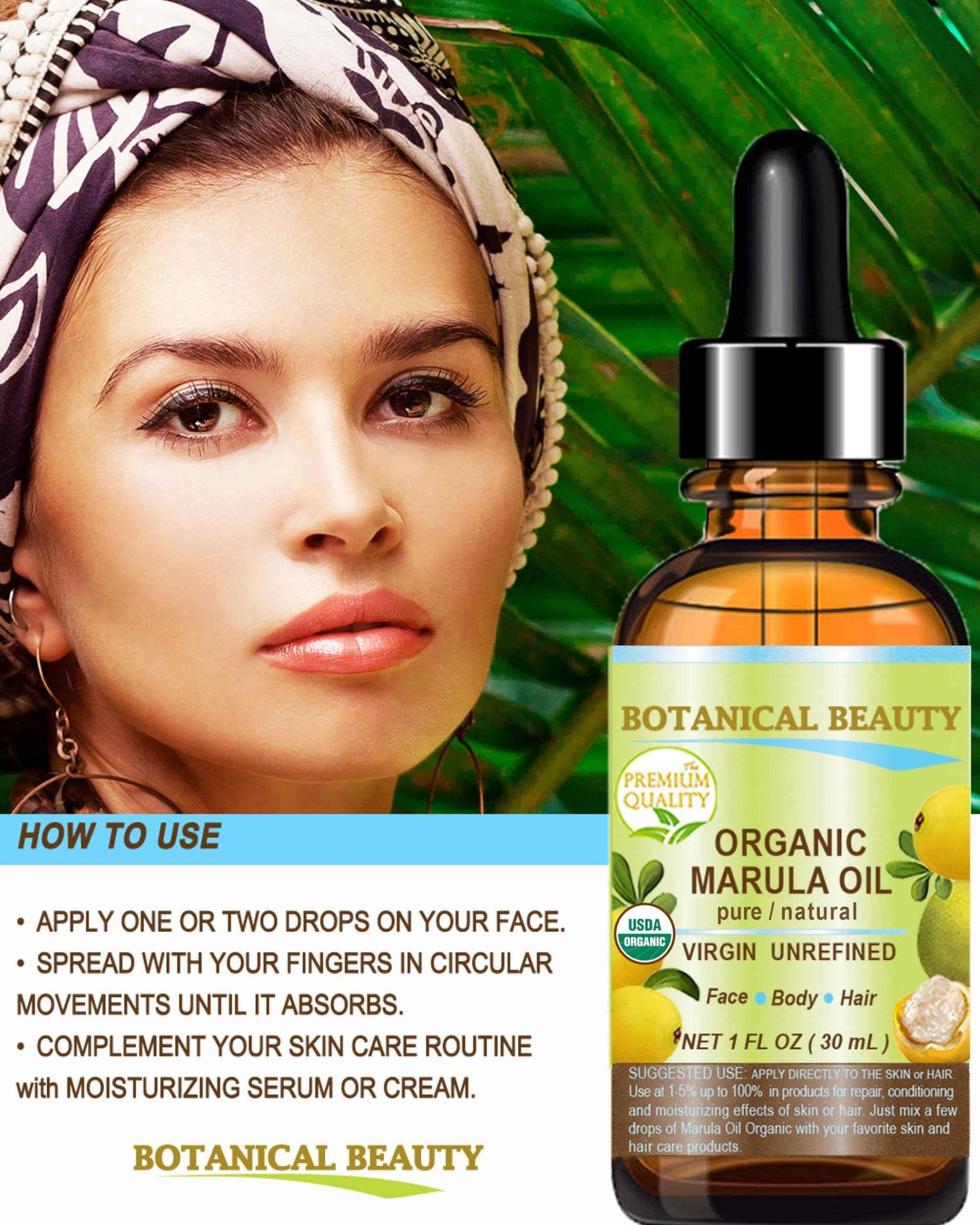 Botanical Beauty Organic MARULA OIL WILD GROWTH 100% Pure Natural Virgin, Unrefined Cold-Pressed Moisturizer for FACE, DRY SKIN, BODY, DAMAGED HAIR, NAILS, Anti-Aging (1 Fl Oz)
