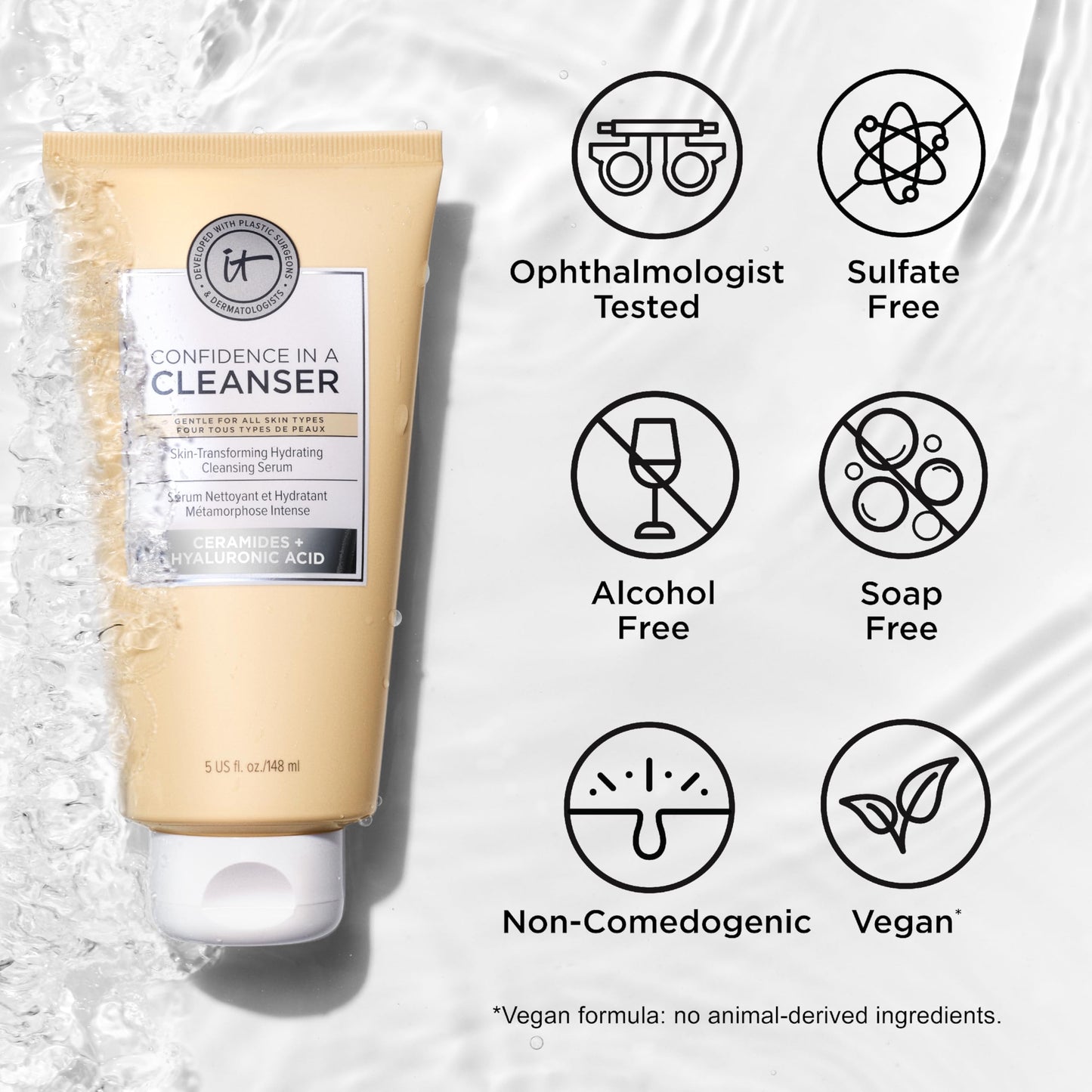 IT Cosmetics Confidence in a Cleanser - Hydrating Serum Foaming Face Wash, Hyaluronic Acid & Ceramides, Gentle Makeup Remover, Skin Barrier Support, Non-Stripping, Sulfate-Free - 5 fl oz