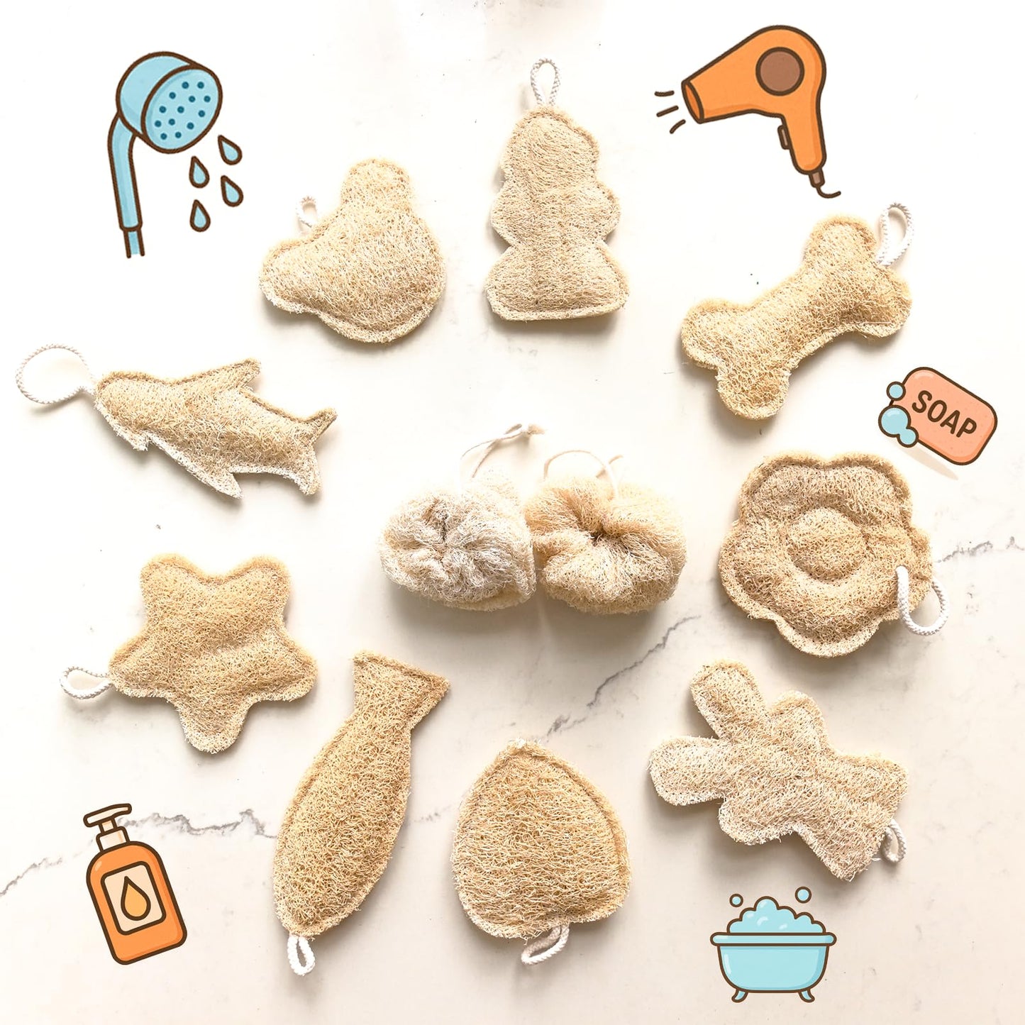 PlesQui Natural Loofah Body Scrubber 3-Pack, Plant-Based Exfoliating Shower Sponge Luffa for Men & Women, Eco-Friendly & Dye-Free, Fits All Hand Sizes[Must SOAK to Soften]