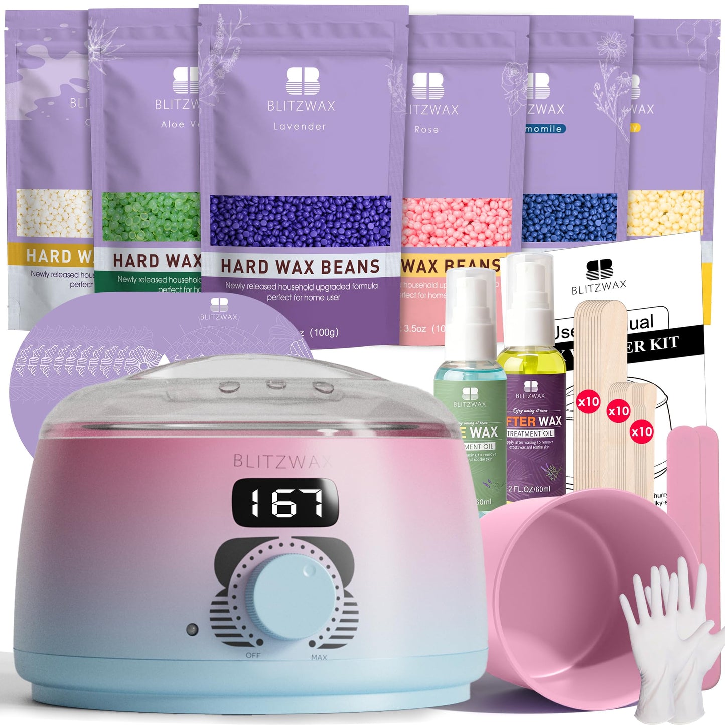 BLITZWAX Brazilian and Bikini Waxing Kit for Women, Hard Wax Warmer for Face, Legs and Body, At Home Hair Removal Kit, Beginner Friendly, Quick Heating, Pink and Blue Gradient Color
