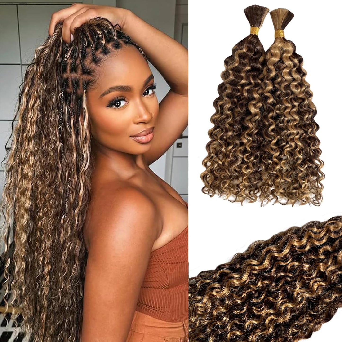 Human Braiding Hair - Deep Wave Ombre Curly Bulk Hair, 100g 2 Bundles | 14in P4/27 Highlight Brown for Boho Braids